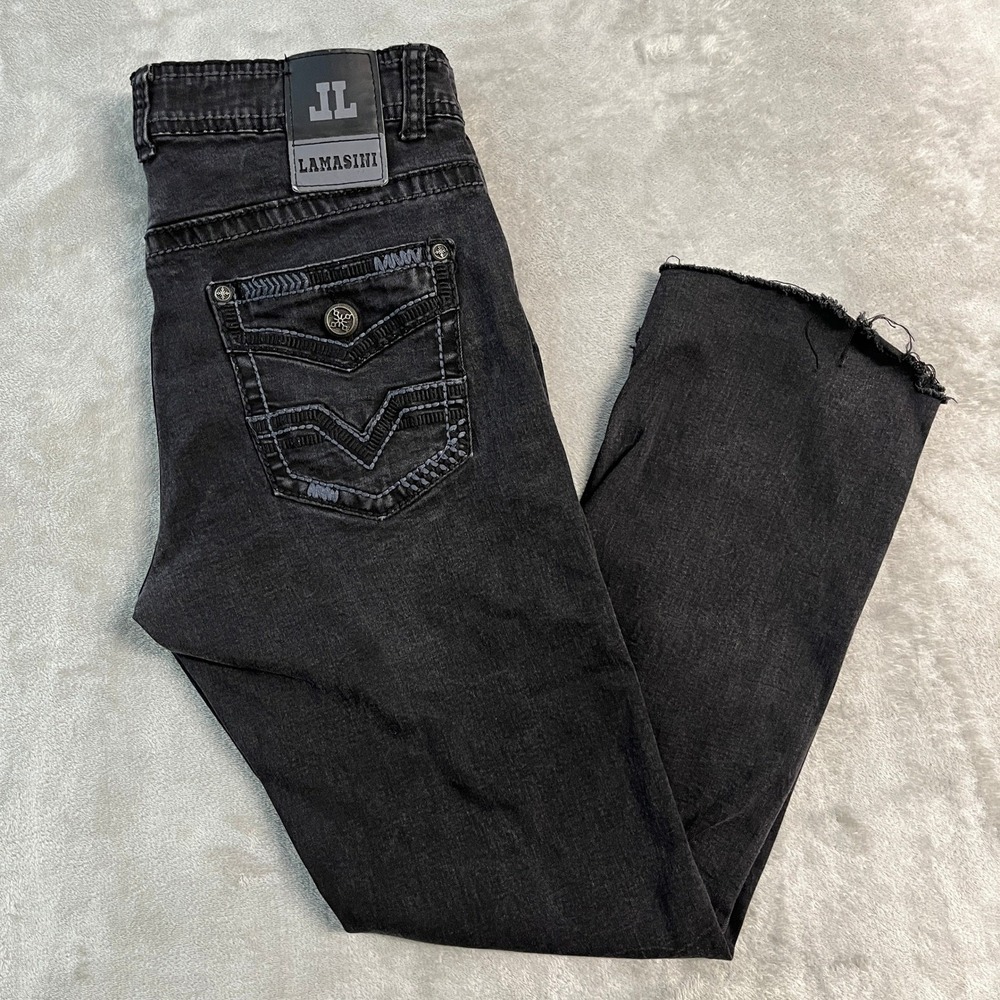 Lamasini Jeans Mens 33x30 Faded Bootcut Black Embroidered Flap Raw Hem Denim